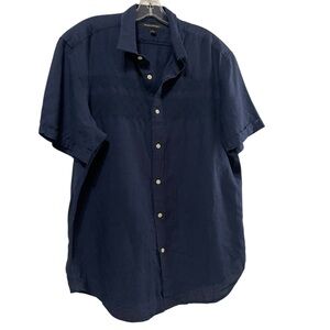 Banana Republic linen cotton shirt True Navy blue short sleeve embroidered  Sz L